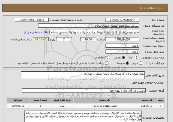 استعلام تهیه مصالح و اجرای شبکه برق ناحیه صنعتی اختیارآباد