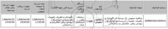 مناقصه عمومی یک مرحله ای نگهداری و راهبری، تعمیرات تاسیساتی حرارتی و برودتی برقی، مکانیکی و ساختمانی