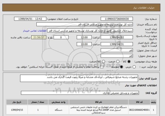 استعلام تجهیزات رشته صنایع شیمیائی ـ ایران کد مشابه و صرفا جهت قیمت گذاری می باشد