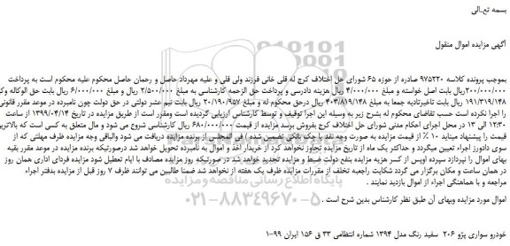 مزایده، مزایده فروش خودرو سواری پژو 206 سفید رنگ مدل 1394