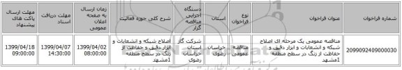 مناقصه عمومی یک مرحله ای اصلاح شبکه و انشعابات و ابزار دقیق و حفاظت از زنگ در سطح منطقه 1مشهد