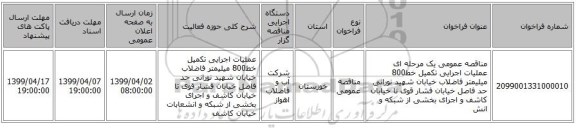 مناقصه عمومی یک مرحله ای عملیات اجرایی تکمیل خط800 میلیمتر فاضلاب خیابان شهید نورانی حد فاصل خیابان فشار قوی تا خیابان کاشف و اجرای بخشی از شبکه و انش
