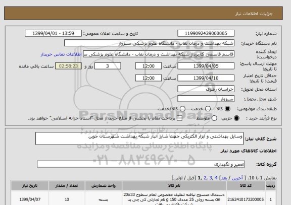 استعلام وسایل بهداشتی و ابزار الکتریکی جهت شارژ انبار شبکه بهداشت شهرستان جوین