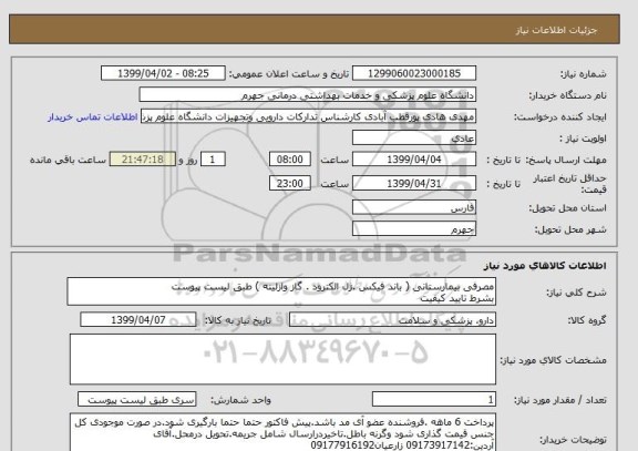 استعلام مصرفی بیمارستانی ( باند فیکس .ژل الکترود . گاز وازلینه ) طبق لیست پیوست 
بشرط تایید کیفیت
