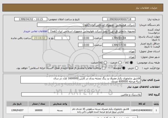 استعلام قاشق چایخوری یکبار مصرف ید رنگ بسته بندی در کارتن 1600000 عدد در سال 
در4 مرحله 400000 عددی 