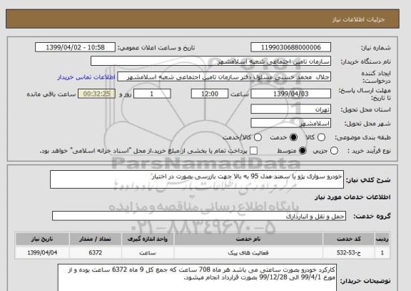 استعلام خودرو سواری پژو یا سمند مدل 95 به بالا جهت بازرسی بصورت در اختیار 
