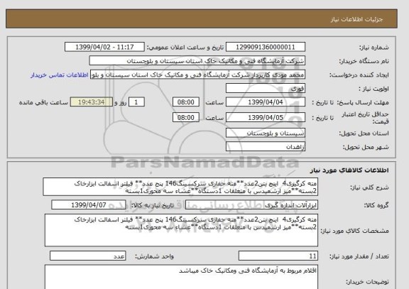 استعلام مته کرگیری4  اینچ بتن2عدد**مته حفاری سرکسینگ146 پنج عدد** فیلتر اسفالت ابزارخاک 2بسته**میز ارشمیدس با متعلقات 1دستگاه**غشاء سه محوری1بسته