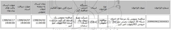 مناقصه عمومی یک مرحله ای اجرای شبکه 20 کیلوولت زمینی سر خط خروجی 63کیلوولت امیر کبیر