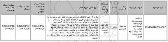 مناقصه عمومی یک مرحله ای بهسازی و مرمت  راه عشایری کپریه شهرستان مهران