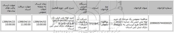 مناقصه عمومی یک مرحله ای خرید لوله پلی اتیلن تک جداره (pn10-pe100) طرح آبرسانی به شهرهای دارای تنش آبی استان