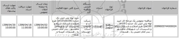 مناقصه عمومی یک مرحله ای خرید لوله پلی اتیلن تک جداره (pn10-pe100) طرح اصلاح و بازسازی شبکه و تاسیسات آب شهرهای  ماهشهر ، بندر امام خمینی ره ، هندیجان