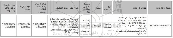 مناقصه عمومی یک مرحله ای خرید لوله پلی اتیلن تک جداره (pn10-pe100) طرح اصلاح و بازسازی شبکه و تاسیسات آب شهرهای  آبادان،خرمشهر،شادگان،هویزه و دشت آزاد