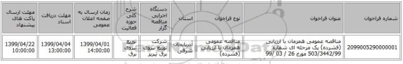 مناقصه عمومی همزمان با ارزیابی (فشرده) یک مرحله ای شماره 503/3442/99 مورخ  26 / 03 /99                      