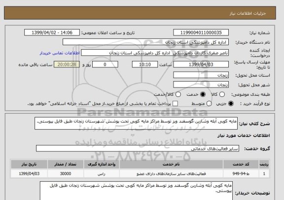 استعلام مایه کوبی آبله وشاربن گوسفند وبز توسط مراکز مایه کوبی تحت پوشش شهرستان زنجان طبق فایل پیوستی.