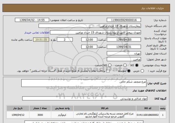استعلام مرغ منجمد شکم خالی
