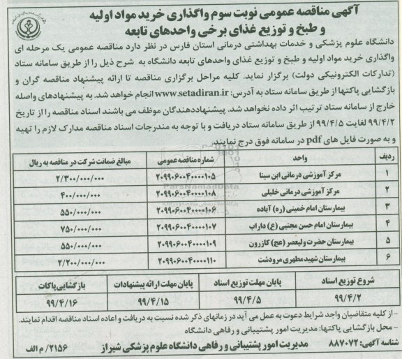 آگهی مناقصه عمومی , واگذاری خرید مواد اولیه و طبخ و توزیع غذا نوبت سوم