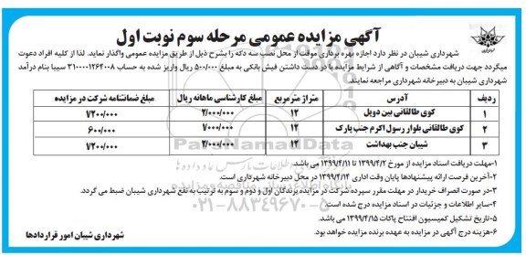 مزایده ، مزایده اجاره بهره برداری موقت از محل نصب سه دکه  - مرحله سوم