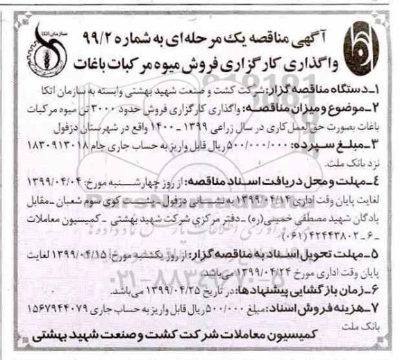 مناقصه , مناقصه واگذاری کارگزاری فروش میوه مرکبات باغات