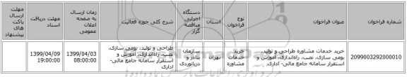 خرید خدمات مشاوره طراحی و تولید، بومی سازی، نصب، راهاندازی، آموزش و استقرار سامانه جامع مالی- اداری
