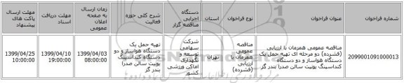 مناقصه عمومی همزمان با ارزیابی (فشرده) دو مرحله ای تهیه حمل یک دستگاه هواساز و دو دستگاه کنداسینگ یونیت سالن صدرا بندر گز