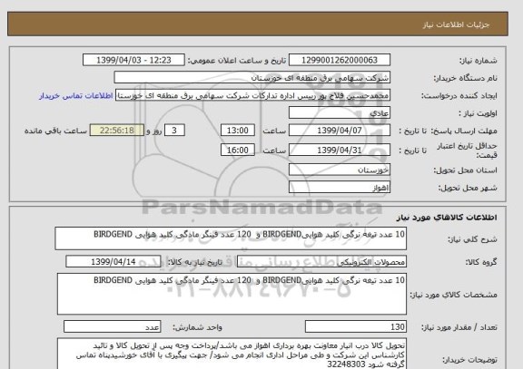 استعلام 10 عدد تیغه نرگی کلید هواییBIRDGEND و  120 عدد فینگر مادگی کلید هوایی BIRDGEND 