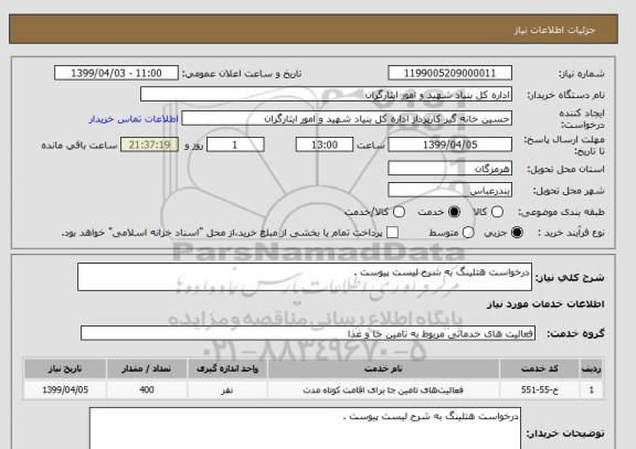 استعلام درخواست هتلینگ به شرح لیست پیوست .