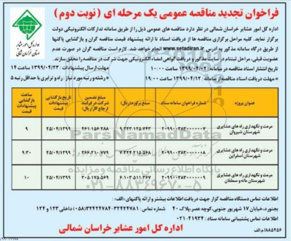 تجدید مناقصه، تجدید فراخوان مناقصه مرمت و نگهداری راه های عشایری و... - نوبت دوم 