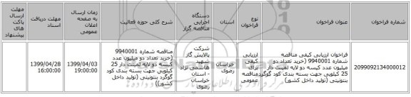 فراخوان ارزیابی کیفی مناقصه شماره 9940001 (خرید تعداد دو میلیون عدد کیسه دو لایه لمینت دار 25 کیلویی جهت بسته بندی کود گوگرد بنتونیتی (تولید داخل کشور)