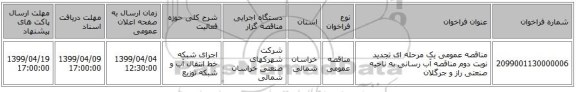 مناقصه عمومی یک مرحله ای تجدید نوبت دوم مناقصه آب رسانی به ناحیه صنعتی راز و جرگلان