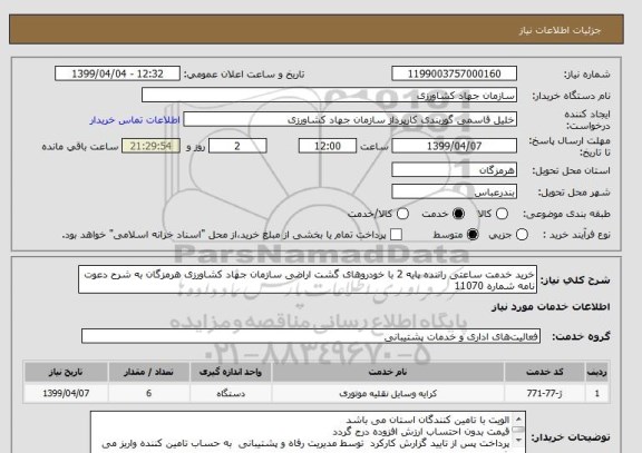 استعلام خرید خدمت ساعتی راننده پایه 2 با خودروهای گشت اراضی سازمان جهاد کشاورزی هرمزگان به شرح دعوت نامه شماره 11070