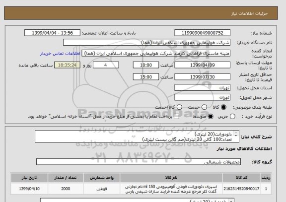 استعلام دئودورانت(20 لیتری)
تعداد:100 گالن 20 لیتری(صد گالن بیست لیتری)
ایران کد جهت تشابه میباشد


