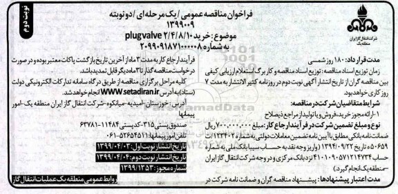 فراخوان مناقصه ، فراخوان مناقصه خرید PLUGVALVE2/4/8/10 