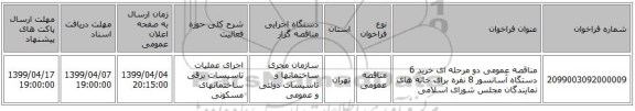مناقصه عمومی دو مرحله ای خرید 6 دستگاه آسانسور 8 نفره برای خانه های نمایندگان مجلس شورای اسلامی