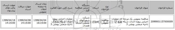 مناقصه عمومی یک مرحله ای عملیات اجرایی پروژه احداث شبکه توزیع آب ناحیه صنعتی بوعلی 3