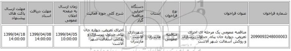 مناقصه عمومی یک مرحله ای اجرای تعریض، دیواره جان پناه، جداول زیرسازی و روکش آسفالت شهر آلاشت