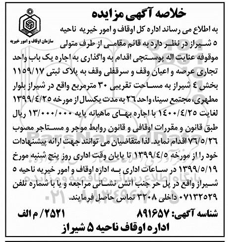 مزایده ،مزایده واگذاری به اجاره یک باب واحد تجاری