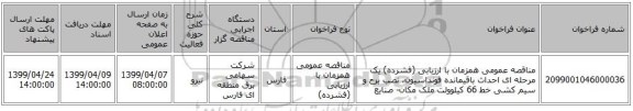 مناقصه عمومی همزمان با ارزیابی (فشرده) یک مرحله ای احداث باقیمانده فونداسیون، نصب برج و سیم کشی خط 66 کیلوولت ملک مکان- صنایع 