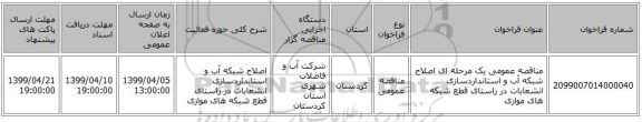 مناقصه عمومی یک مرحله ای اصلاح شبکه آب و استانداردسازی انشعابات در راستای قطع شبکه های موازی 
