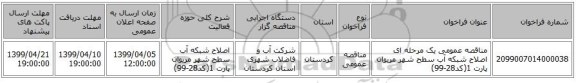مناقصه عمومی یک مرحله ای اصلاح شبکه آب سطح شهر مریوان پارت 1(کد28-99)