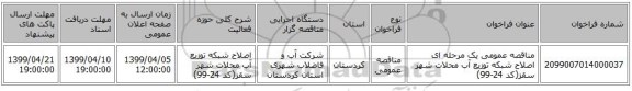 مناقصه عمومی یک مرحله ای اصلاح شبکه توزیع آب محلات شهر سقز(کد 24-99)