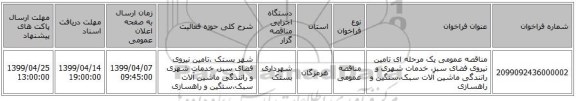 مناقصه عمومی یک مرحله ای تامین نیروی فضای سبز، خدمات شهری و رانندگی ماشین آلات سبک،سنگین و راهسازی