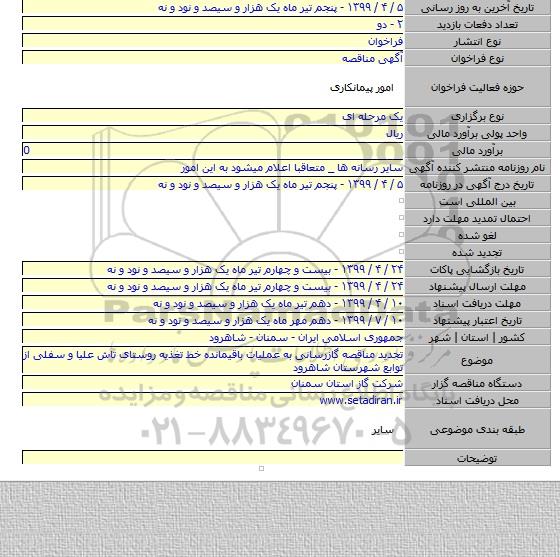تجدید مناقصه گازرسانی به عملیات باقیمانده خط تغذیه روستای تاش علیا و سفلی از توابع شهرستان شاهرود