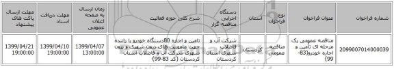 مناقصه عمومی یک مرحله ای تأمین و اجاره خودرو(83-99)