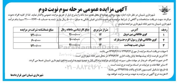 مزایده ، مزایده اجاره بهره برداری موقت از محل نصب سه دکه  - مرحله سوم
