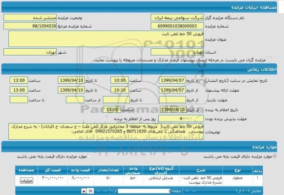 مزایده فروش 50 خط تلفن ثابت