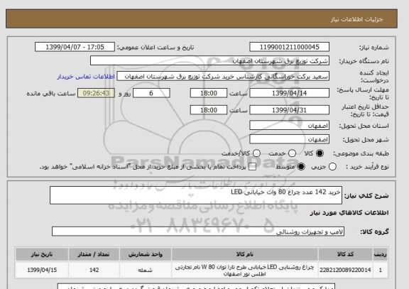 استعلام خرید 142 عدد چراغ 80 وات خیابانی LED