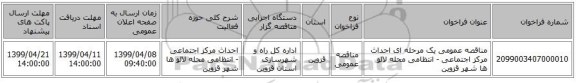 مناقصه عمومی یک مرحله ای احداث مرکز اجتماعی - انتظامی محله لالو ها شهر قزوین 