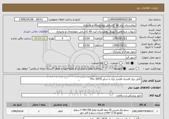 استعلام کابل برق افشان افشار نژاد با سایز 3*35 +70