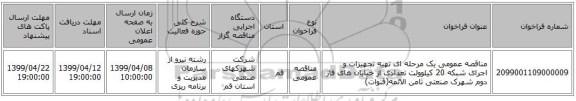 مناقصه عمومی یک مرحله ای تهیه تجهیزات و اجرای شبکه 20 کیلوولت تعدادی از خیابان های فاز دوم شهرک صنعتی ثامن الائمه(قنوات)