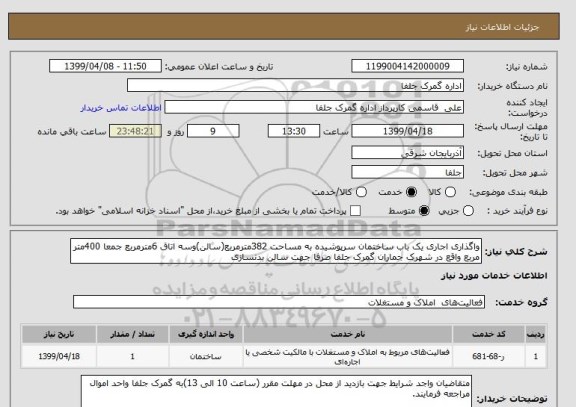 استعلام واگذاری اجاری یک باب ساختمان سرپوشیده به مساحت 382مترمربع(سالن)وسه اتاق 6مترمربع جمعا 400متر مربع واقع در شهرک جماران گمرک جلفا صرفا جهت سالن بدنسازی